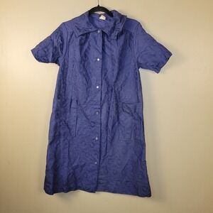 Vintage Purple Floral Jacquard House Dress Duster Snap Front Cotton Pockets...